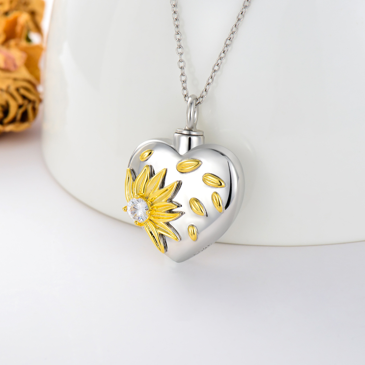 Collar girasol y urna corazón de plata de ley bicolor con circonita cúbica y palabra graba-4