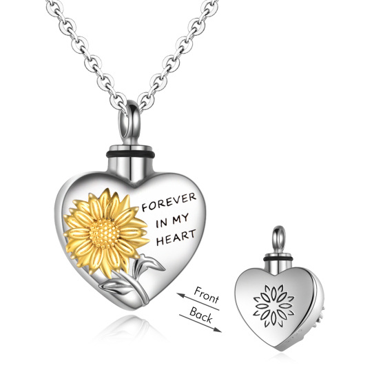 Collana d'argento bicolore con girasole e cuore per le ceneri, con parola incisa