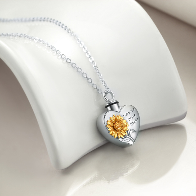 Collar de urna de plata de ley con forma de corazón de girasol de dos tonos para cenizas con palabra grabada-3