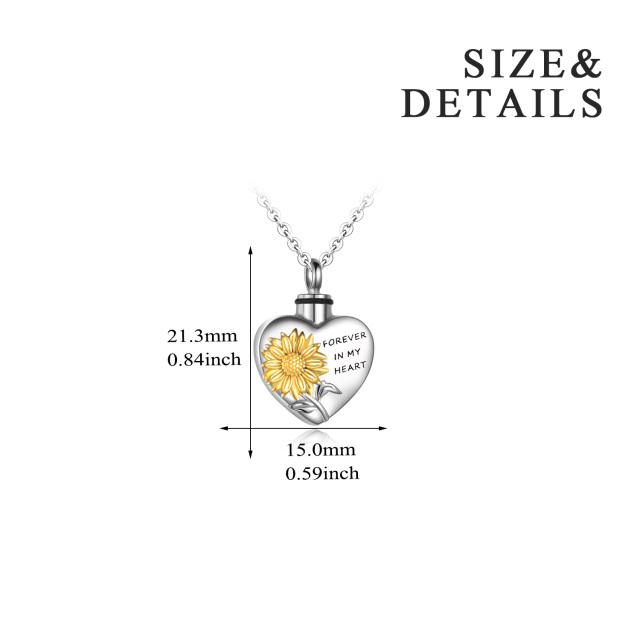 Collar de urna de plata de ley con forma de corazón de girasol de dos tonos para cenizas con palabra grabada-5