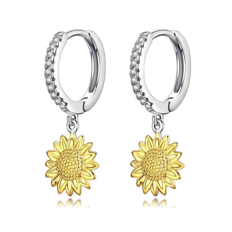 Sterling Silver Two-tone Cubic Zirconia Sunflower Hoop Earrings-3