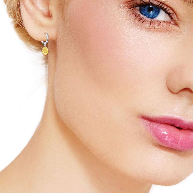 Sterling Silver Two-tone Cubic Zirconia Sunflower Hoop Earrings-2