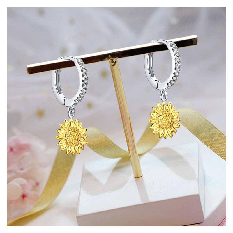 Sterling Silver Two-tone Cubic Zirconia Sunflower Hoop Earrings-3