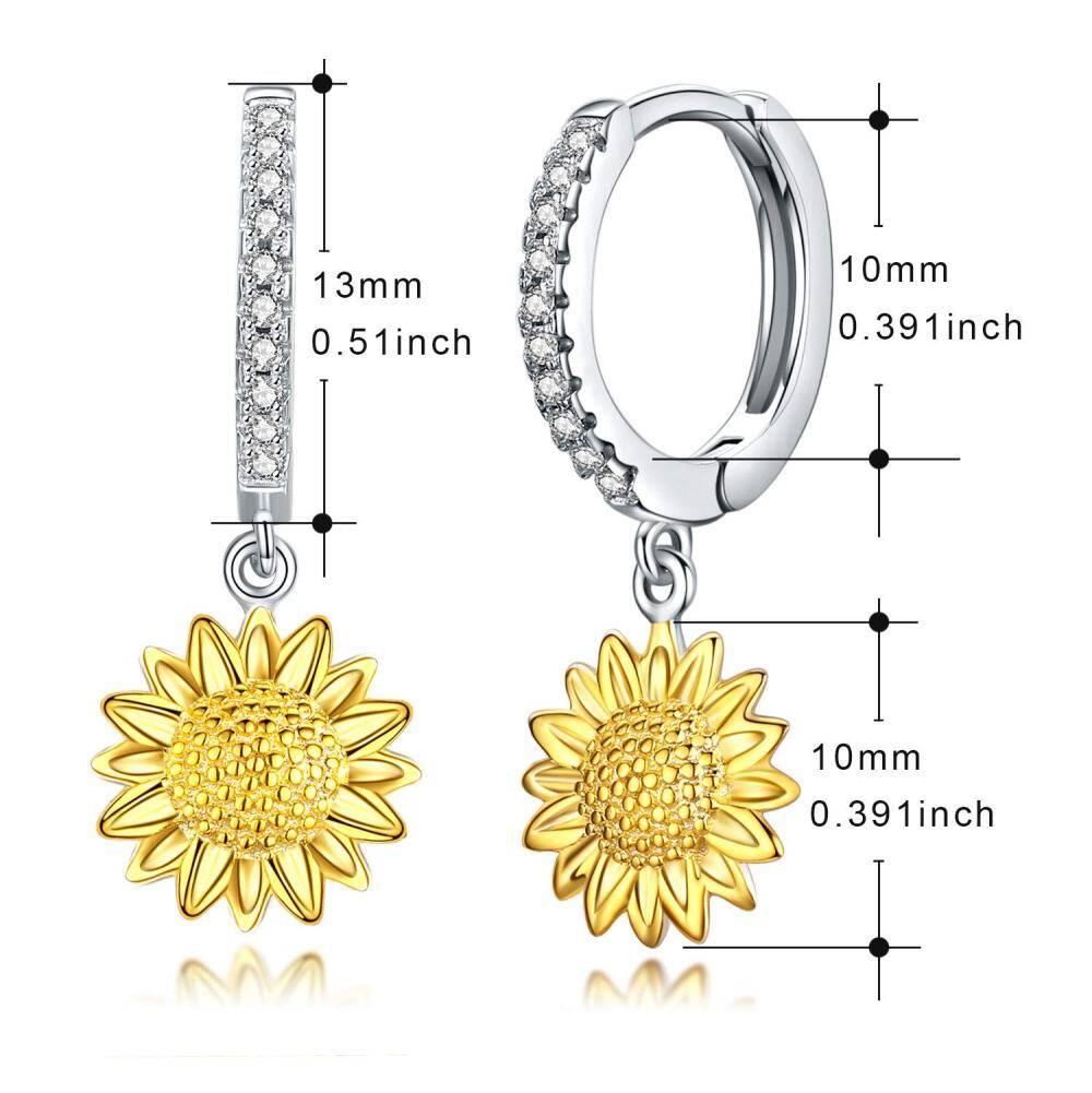 Sterling Silver Two-tone Cubic Zirconia Sunflower Hoop Earrings-5