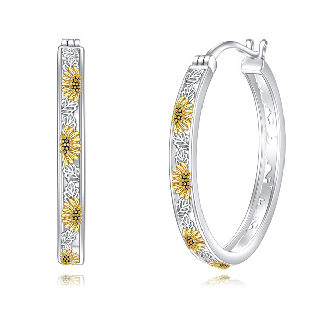 Sterling Silver Two-tone Sunflower Hoop Earrings-1