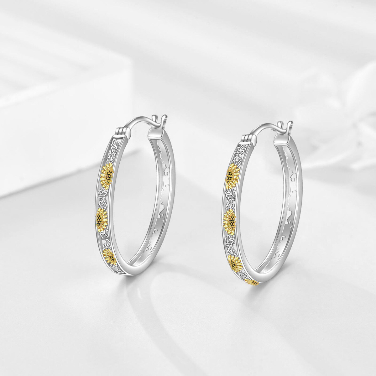 Boucles d'oreilles créoles tournesol bicolores en argent sterling-3