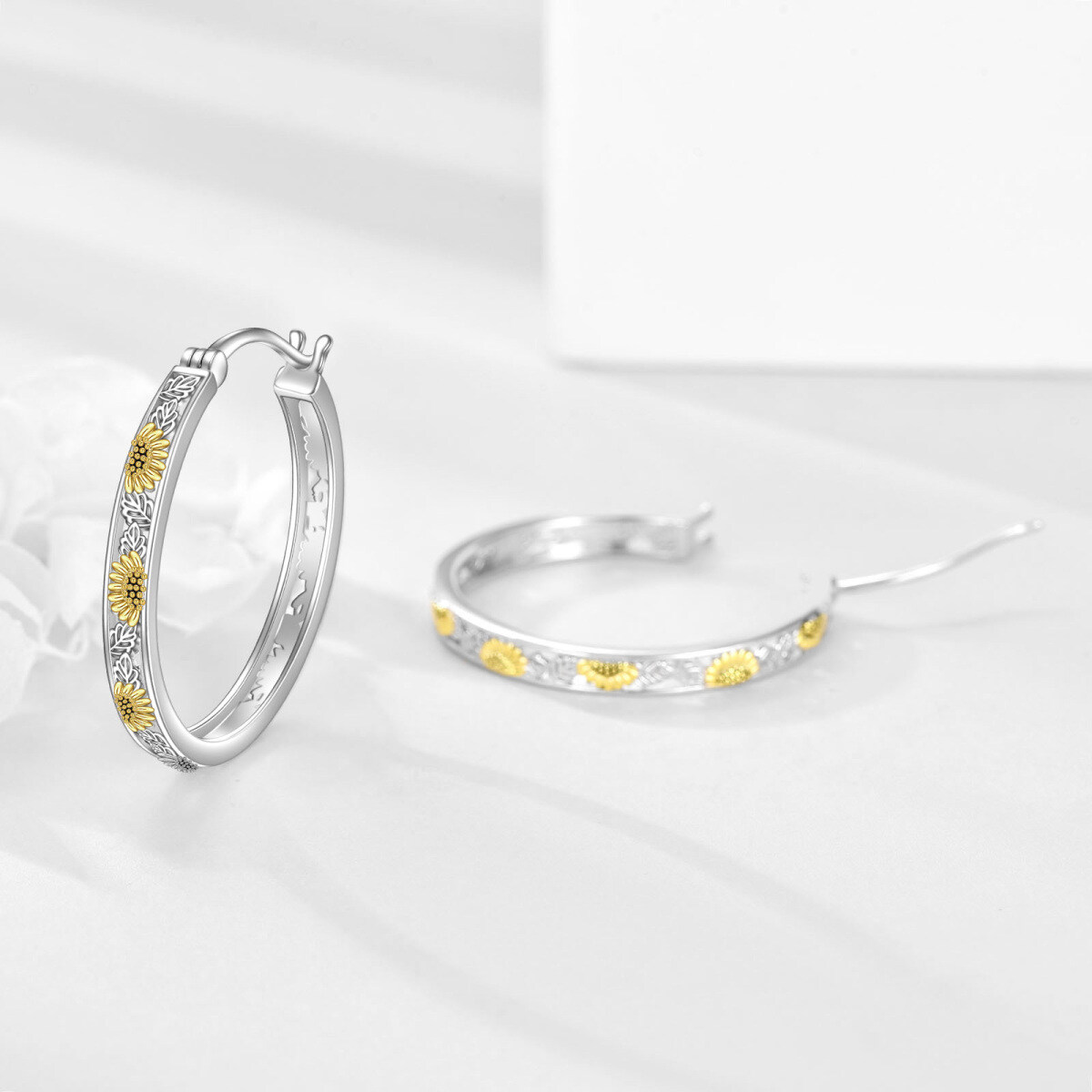 Sterling Silver Two-tone Sunflower Hoop Earrings-4