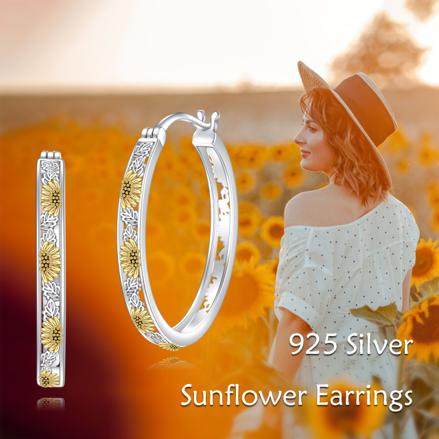 Sterling Silver Two-tone Sunflower Hoop Earrings-6