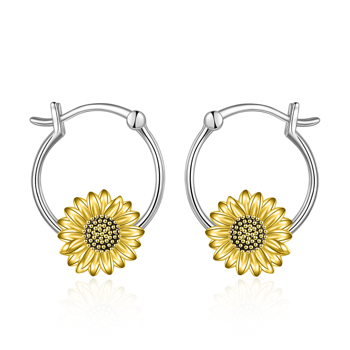 Sterling Silver Two-tone Sunflower Hoop Earrings-1