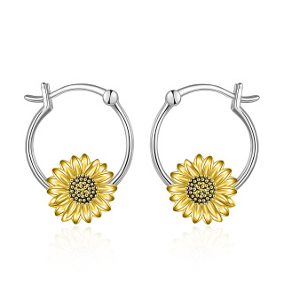 Sterling Silver Two-tone Sunflower Hoop Earrings-4