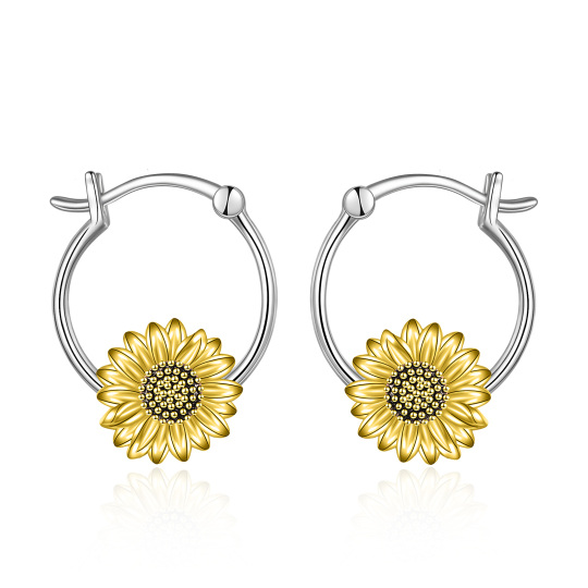 Sterling Silver Two-tone Sunflower Hoop Earrings