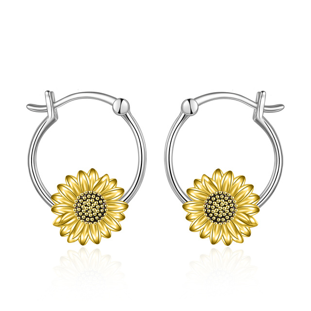 Sterling Silver Two-tone Sunflower Hoop Earrings-1