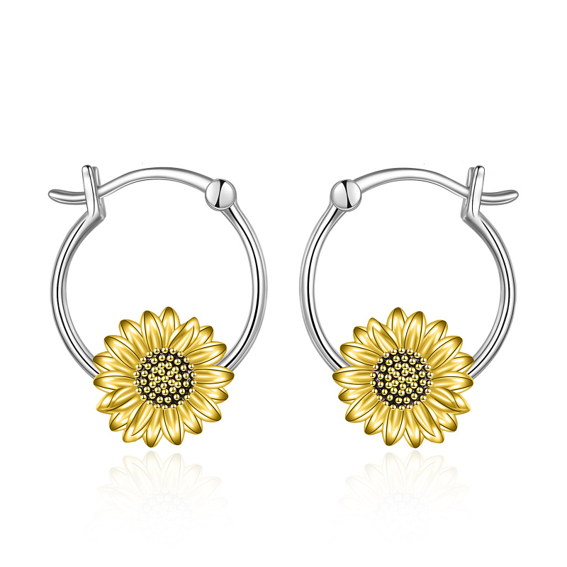 Sterling Silver Two-tone Sunflower Hoop Earrings-8