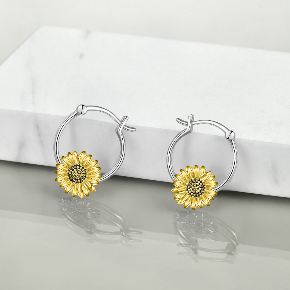 Sterling Silver Two-tone Sunflower Hoop Earrings-3