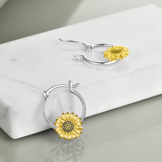 Sterling Silver Two-tone Sunflower Hoop Earrings-4