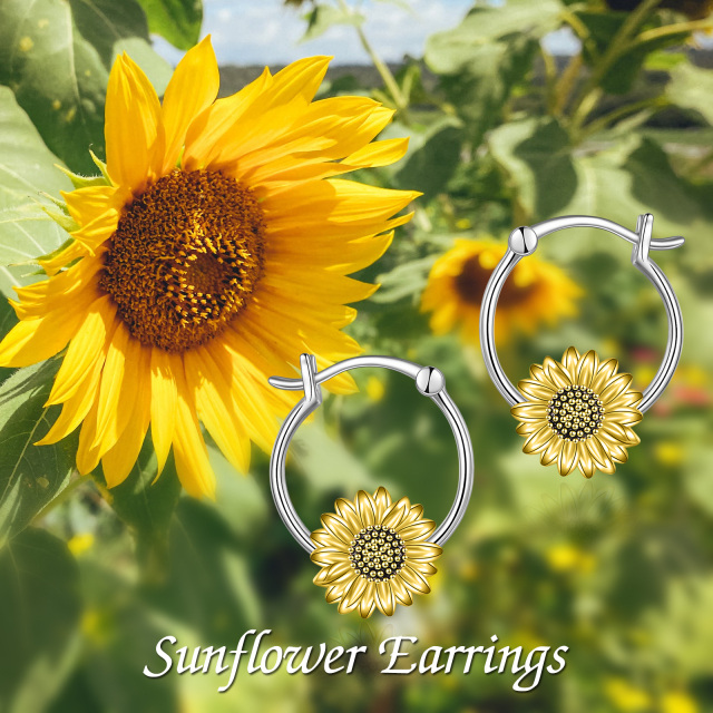 Sterling Silver Two-tone Sunflower Hoop Earrings-6