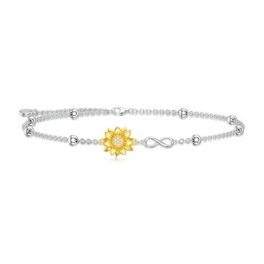 Pulseira em prata de lei com pendente de símbolo do infinito e girassol bicolor