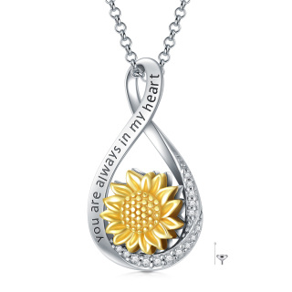 Sterling Silver Two-tone Cubic Zirconia Sunflower & Infinity Symbol Urn Necklace for Ashes with Engraved Word-23