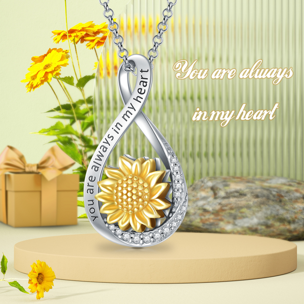 Sterling Silver Two-tone Cubic Zirconia Sunflower & Infinity Symbol Urn Necklace for Ashes with Engraved Word-3