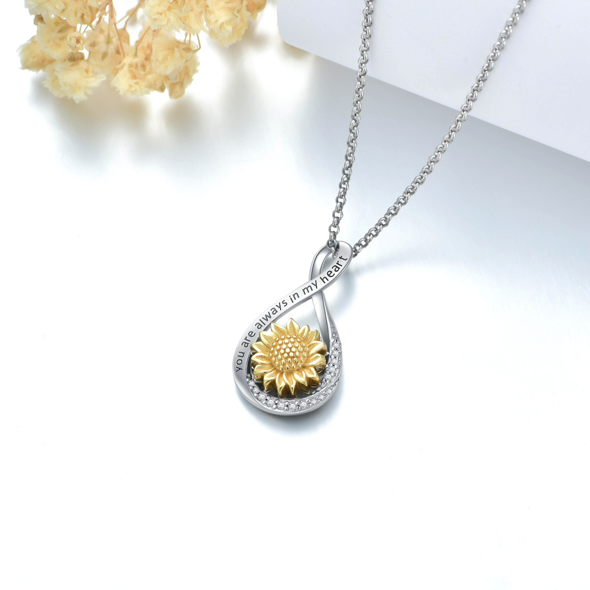 Sterling Silver Two-tone Cubic Zirconia Sunflower & Infinity Symbol Urn Necklace for Ashes with Engraved Word-5