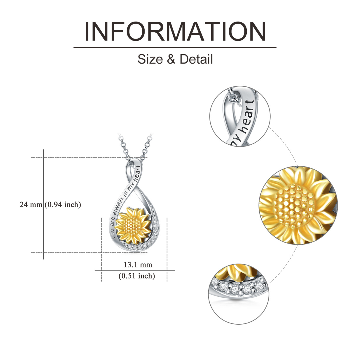 Collier d'urne pour cendres en argent sterling bicolore à zircon cubique, tournesol et sym-6