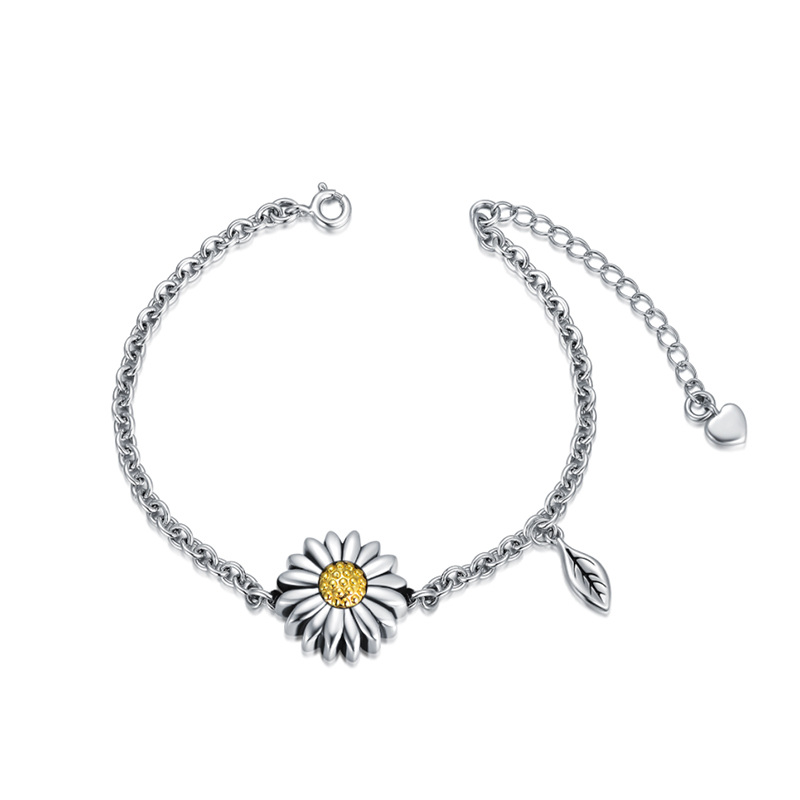 Sterling Silver Two-tone Sunflower & Leave Urn Bracelet for Ashes-4