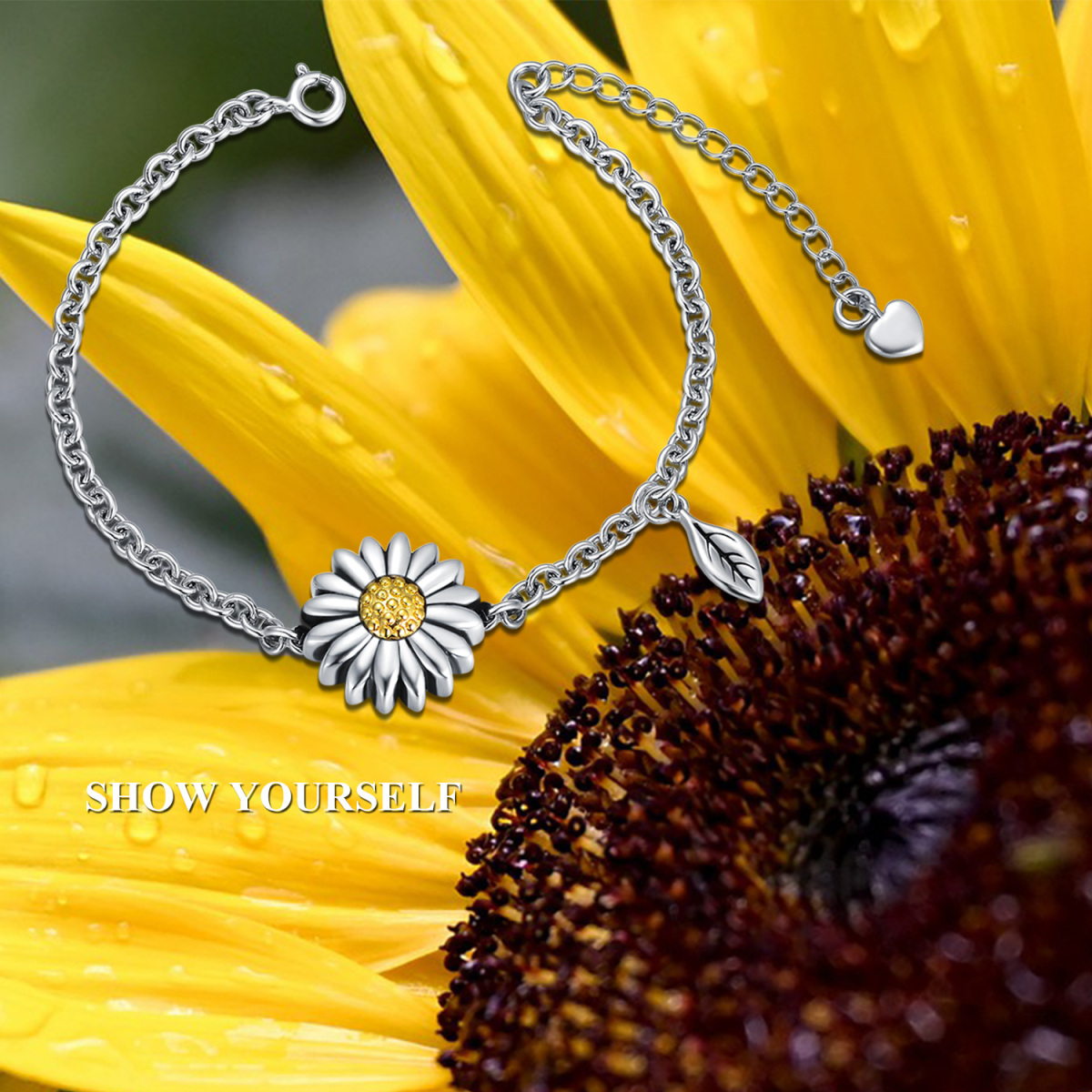 Bracciale in argento sterling bicolore con girasole e urna di foglie per le ceneri-3