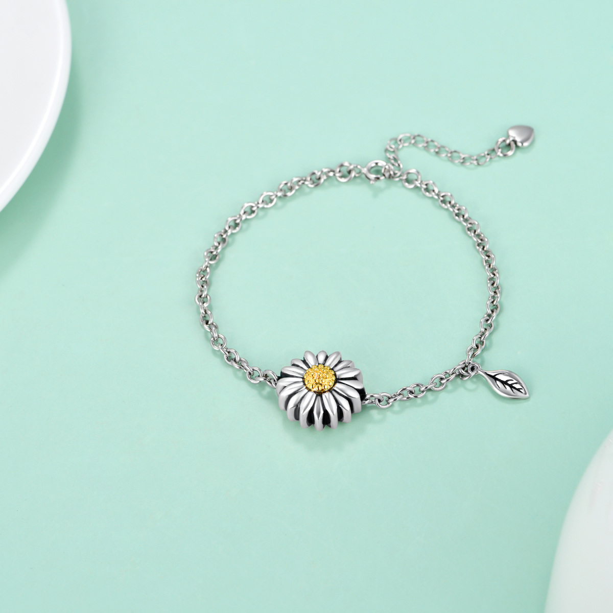 Sterling Silver Two-tone Sunflower & Leave Urn Bracelet for Ashes-4