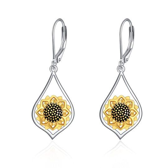 Sterling Silver Two-tone Sunflower Lever-back Earrings