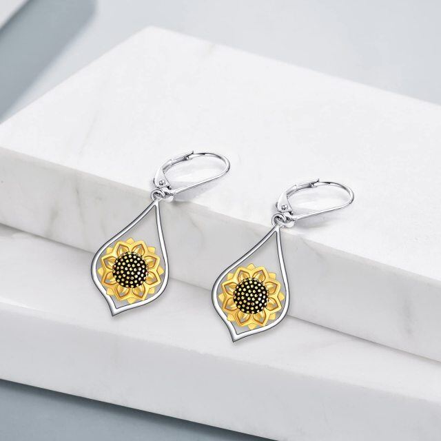 Sterling Silver Two-tone Sunflower Lever-back Earrings-3