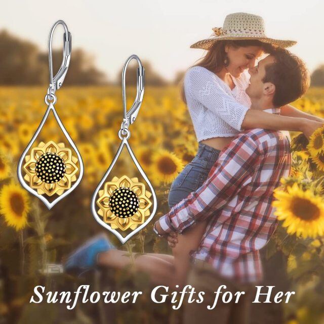 Sterling Silver Two-tone Sunflower Lever-back Earrings-5