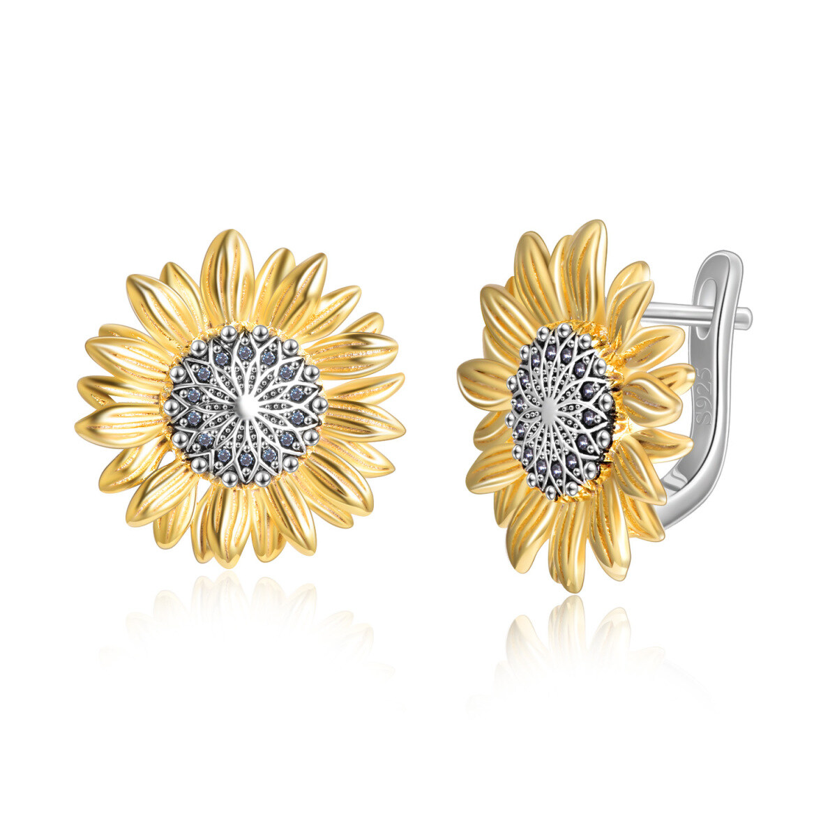 Sterling Silver Two-tone Sunflower Lever-back Earrings-1