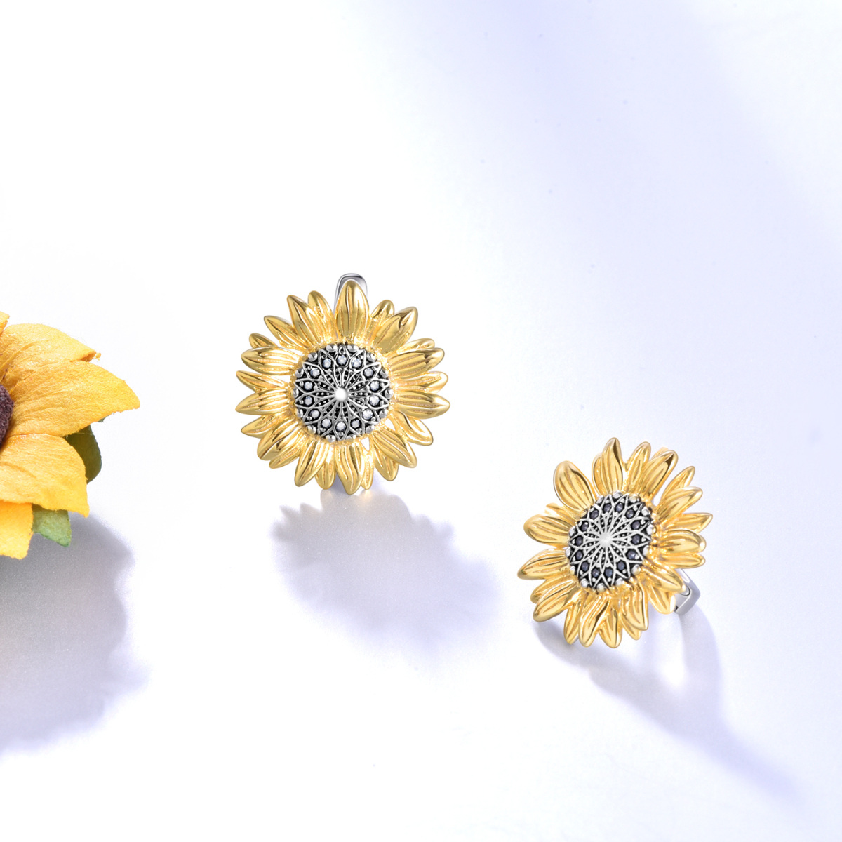 Sterling Silver Two-tone Sunflower Lever-back Earrings-3