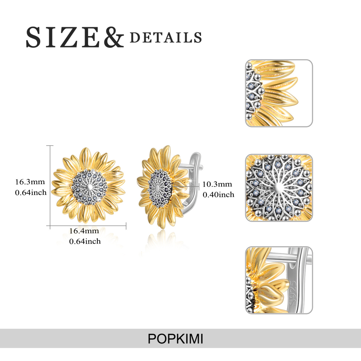 Sterling Silver Two-tone Sunflower Lever-back Earrings-5