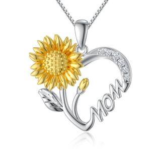 Sterling Silver Two-tone Cubic Zirconia Sunflower with Mom Heart Pendant Necklace-46