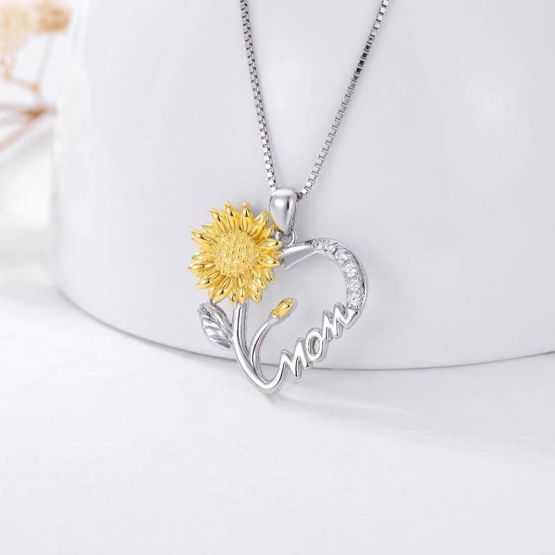 Sterling Silver Two-tone Cubic Zirconia Sunflower with Mom Heart Pendant Necklace-3