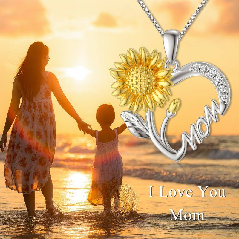 Sterling Silver Two-tone Cubic Zirconia Sunflower with Mom Heart Pendant Necklace-5