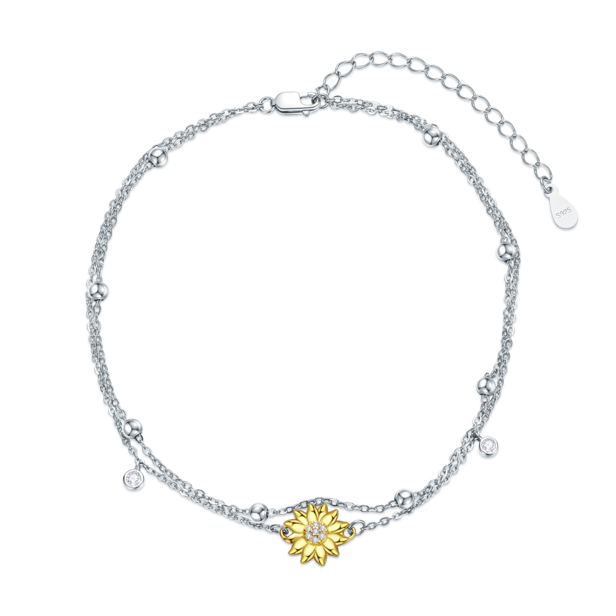 Sterling Silver Two-tone Cubic Zirconia Sunflower Multi-layered Charm Anklet-1