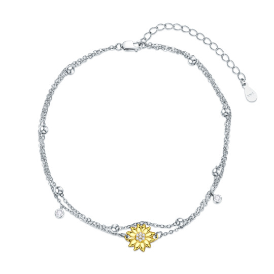 Sterling Silver Two-tone Cubic Zirconia Sunflower Multi-layered Anklet