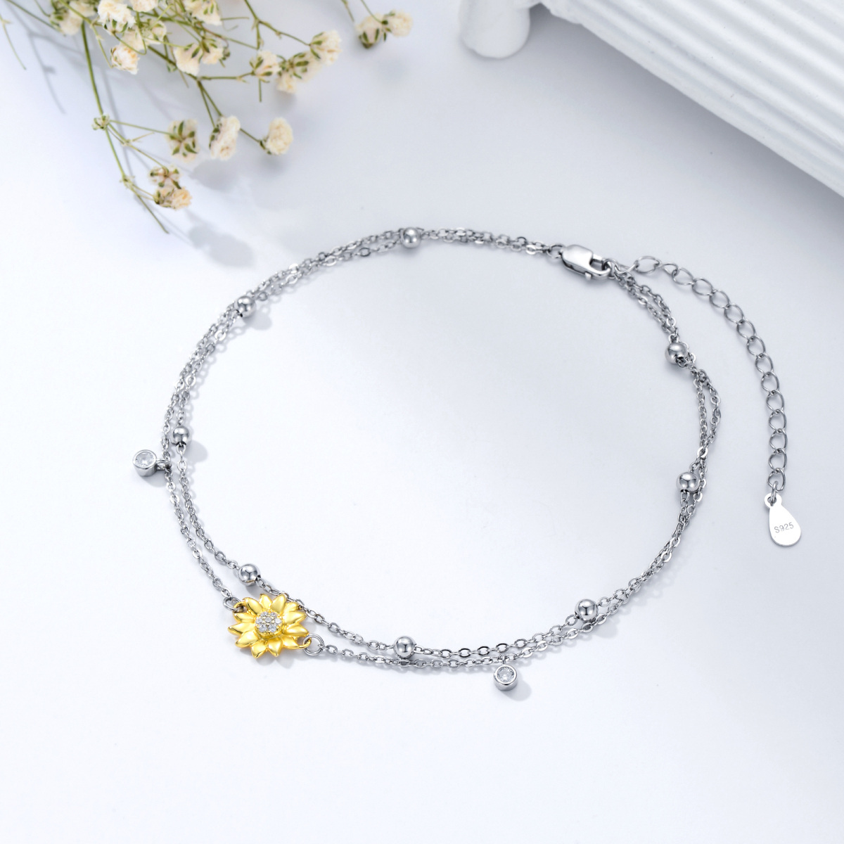 Sterling Silver Two-tone Cubic Zirconia Sunflower Multi-layered Anklet-3