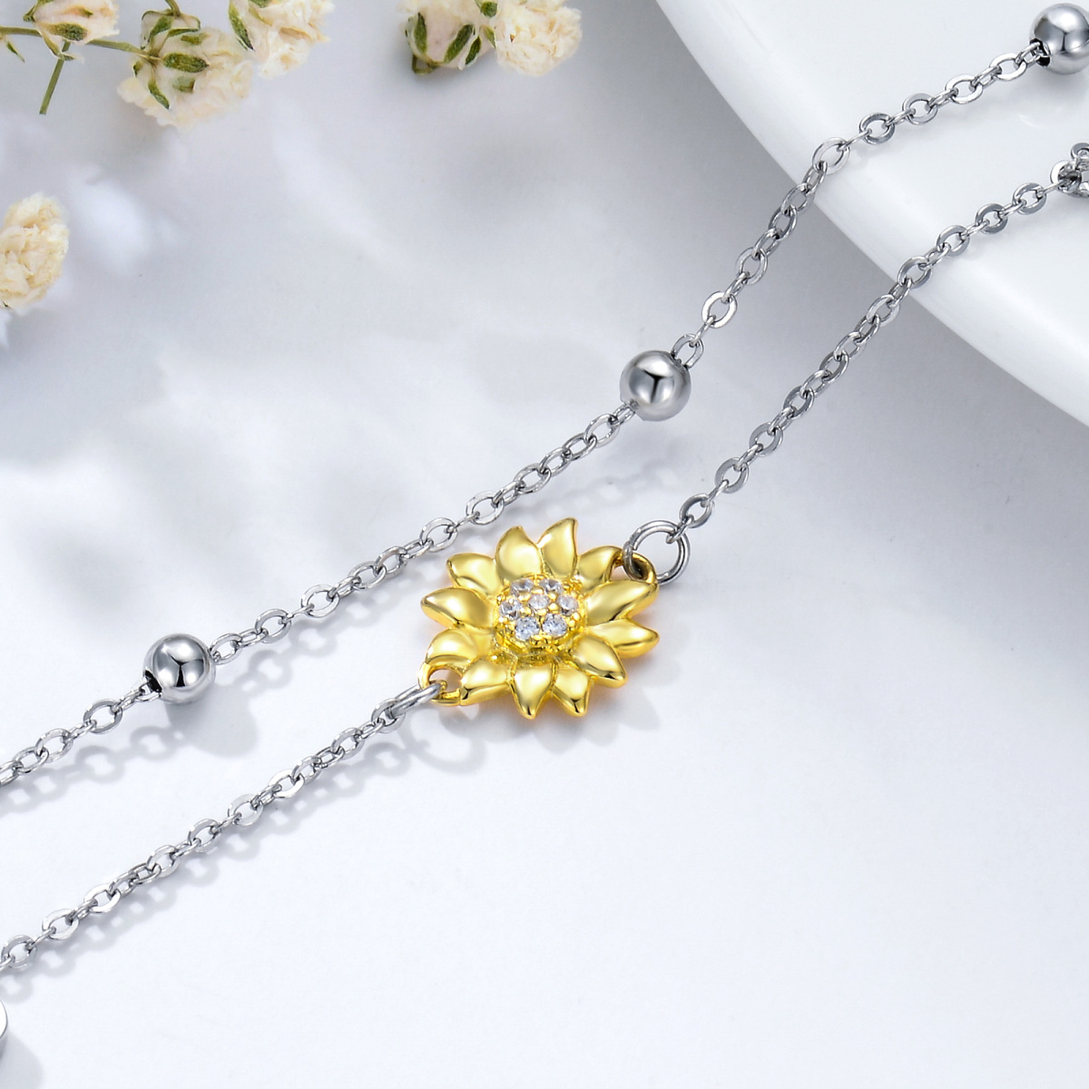 Cavigliera bicolore in argento sterling con girasole a più strati con zirconia cubica-4