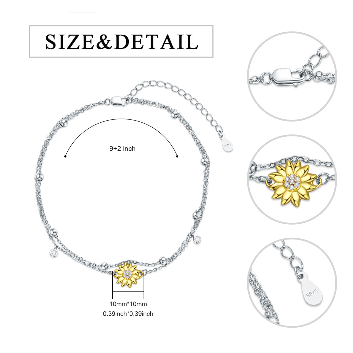 Cavigliera bicolore in argento sterling con girasole a più strati con zirconia cubica-5