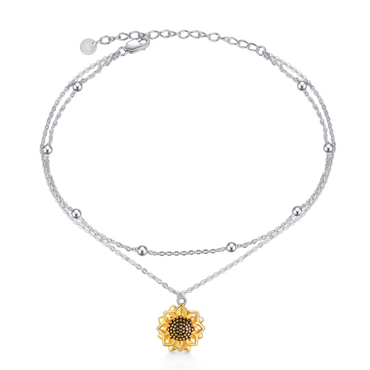 Sterling Silver Two-tone Sunflower Multi-layered Chain Anklet