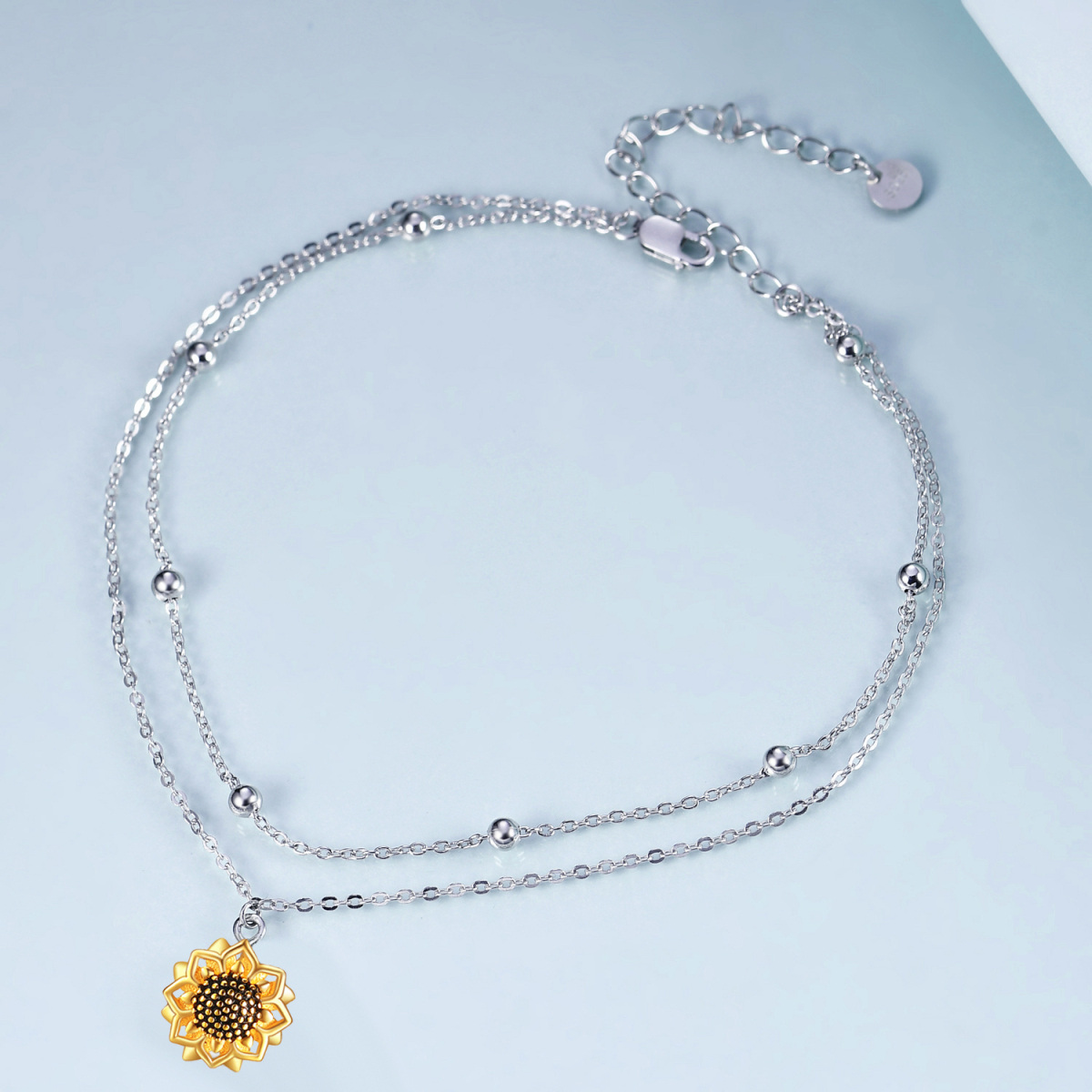 Sterling Silver Two-tone Sunflower Multi-layered Chain Anklet-4