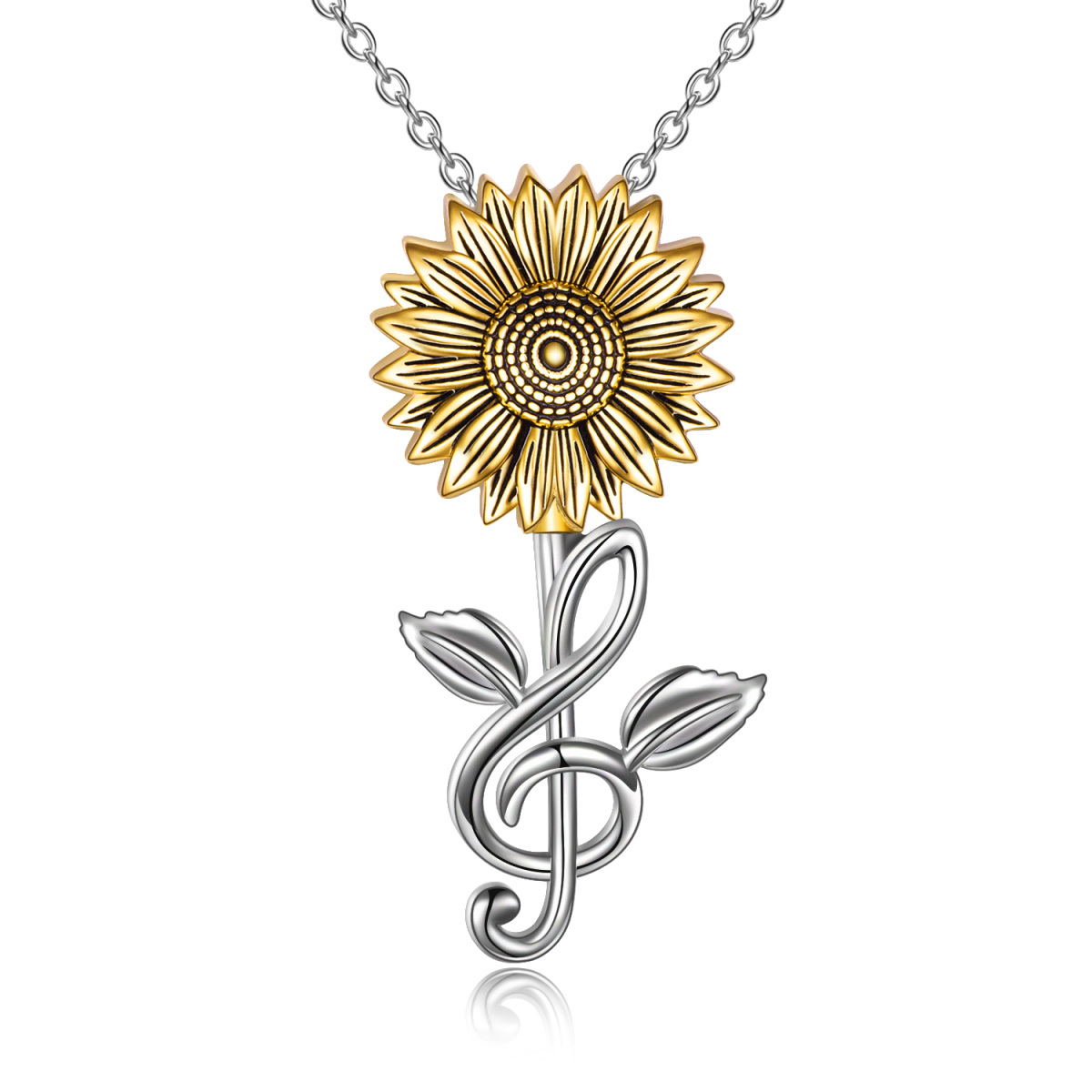 Sterling Silver Two-tone Sunflower & Music Symbol Pendant Necklace-1