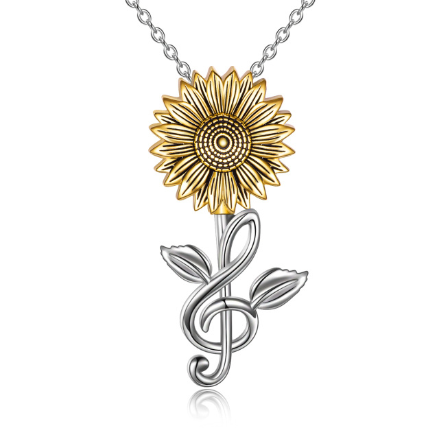 Collana in argento sterling bicolore con girasole e simbolo della musica-1