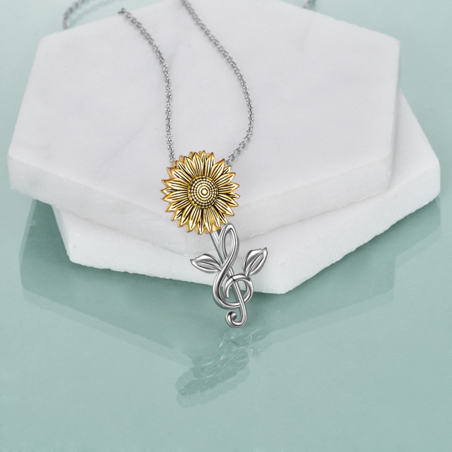 Sterling Silver Two-tone Sunflower & Music Symbol Pendant Necklace-3