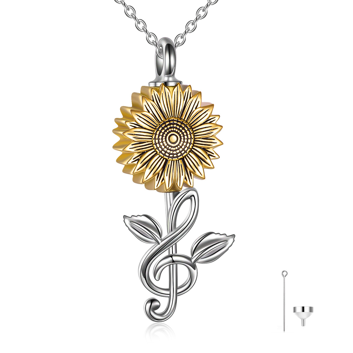 Collar urna para cenizas de plata de ley bicolor girasol y símbolo de la música-1