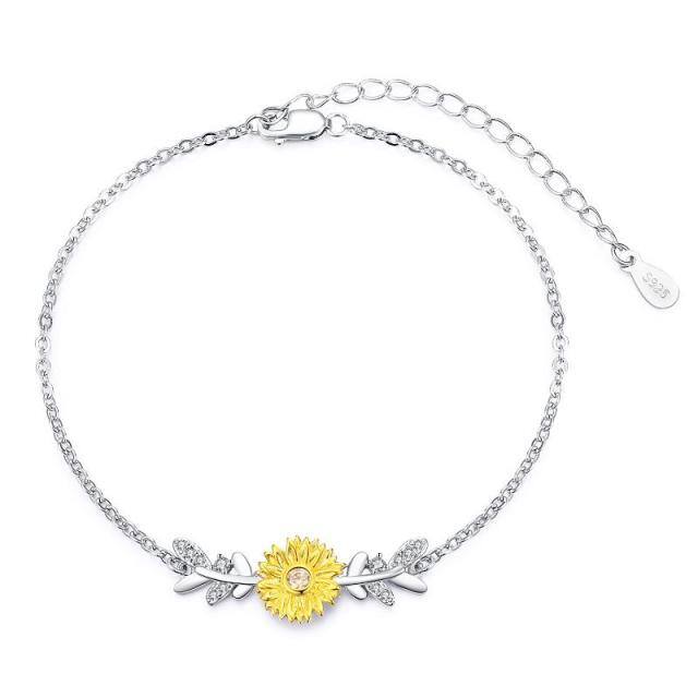 Sterling Silver Two-tone Sunflower Charm Bracelet-1