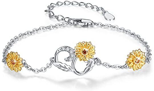 Sterling Silver Two-tone Sunflower Charm Bracelet with Cubic Zirconia